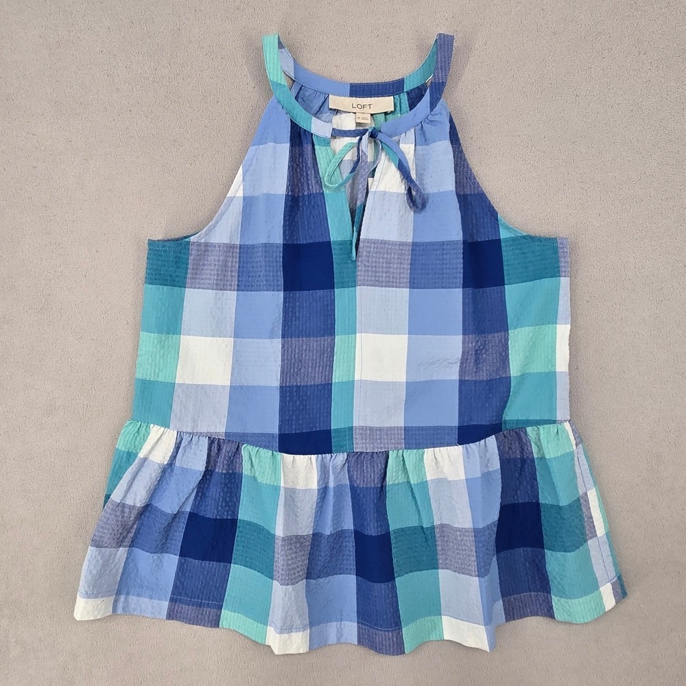 LOFT Womens XS Plaid Halter Peplum Top Blue Teal Preppy Blouse